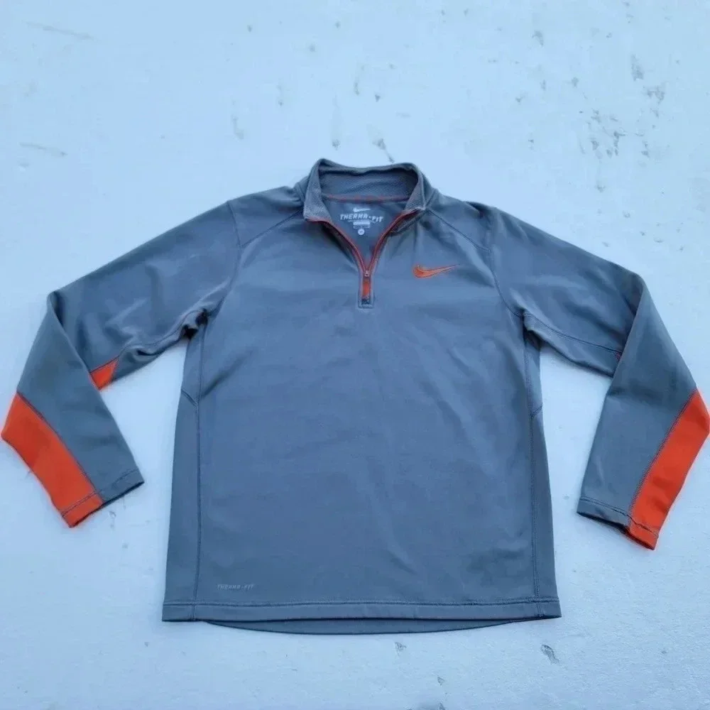 Nike Therma Fit Mens Gray Orange Quarter Zip Fleece Sweatshirt M